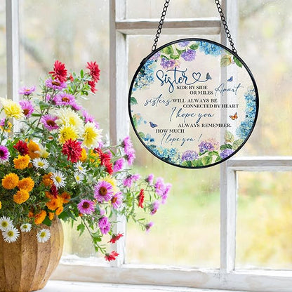 Sisters Gifts, Sister Flower Suncatchers Stained Glass Window Hanging, Sisters Gifts for Christmas Sun Catchers Indoor Window Glass Round Wall Decor, 7.9x7.9in
