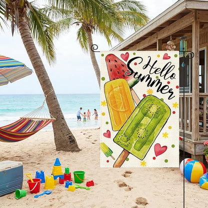 AVOIN colorlife Hello Summer Popsicles Garden Flag 12x18 Inch Double Sided Outside, Welcome Seasonal Burlap Yard Outdoor Decoration