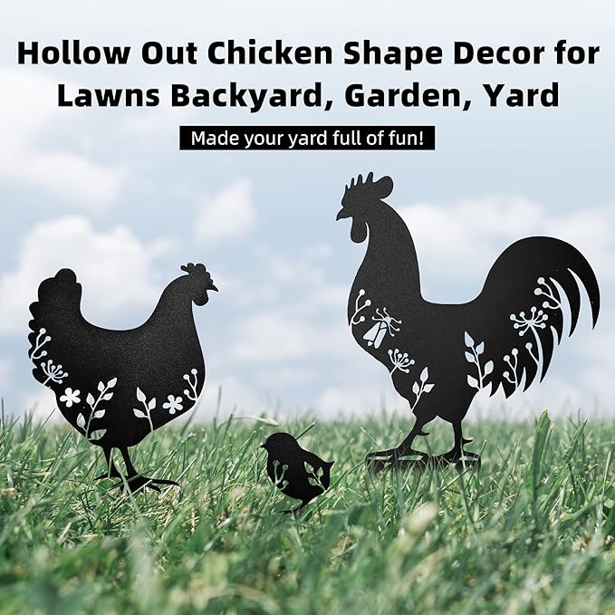 3 PCS Metal Chicken Yard Art Garden Decorative Stake Hollow Out Animals Silhouette Statue Decor, Chickens Family Silhouette Sets for Pathway, Floor, Garden, Lawn, Outdoor Decoration