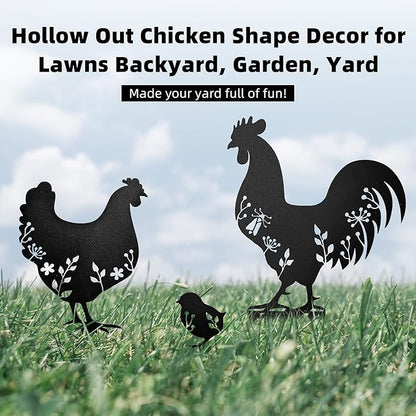 3 PCS Metal Chicken Yard Art Garden Decorative Stake Hollow Out Animals Silhouette Statue Decor, Chickens Family Silhouette Sets for Pathway, Floor, Garden, Lawn, Outdoor Decoration