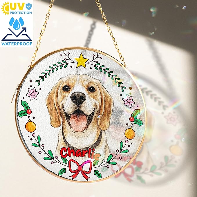 Custom Pet Portrait Stained Glass Window Hanging, Picture Decoration Suncatcher for Dog, Cat, Horse, Bird Keepsake Bereavement Gift from Photo, Rainbow Bridge Dog Memorial Gifts for Pet Lovers