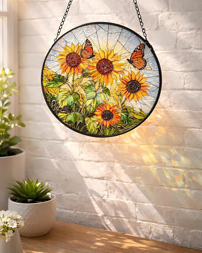 Sunflower Stained Glass Window Hanging Suncatcher, Round Floral Panel with Butterfly, Colourful Window Decor for Home Garden Conservatory Wall, Nature Lover Gift for Mum Grandma