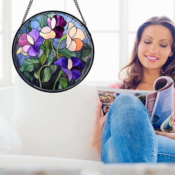 Stained Glass Window Hanging - Colorful Flower Suncatcher for Door Garden Patio Retro Floral Sun Catchers Decor Christmas Mother's Day Birthday Gifts for Women Mom Nana Friend 7.8 in