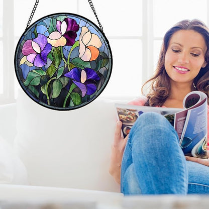 Stained Glass Window Hanging - Colorful Flower Suncatcher for Door Garden Patio Retro Floral Sun Catchers Decor Christmas Mother's Day Birthday Gifts for Women Mom Nana Friend 7.8 in
