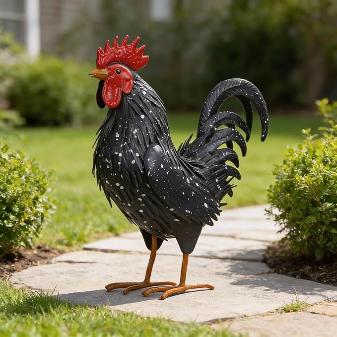 Ratuor Rooster Garden Statue Sculpture Metal Chicken Yard Decor Outdoor Figurines Patio Backyard Decoration (Black)
