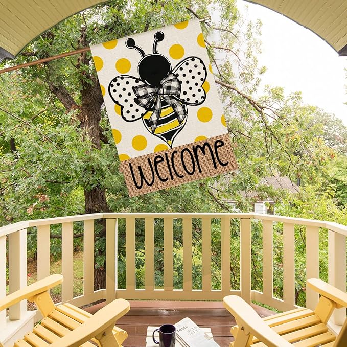 AVOIN colorlife Summer Polka Dot Bee Welcome House Flag 28x40 Inch Double Sided Outside, Seasonal Holiday Burlap Yard Outdoor Decoration