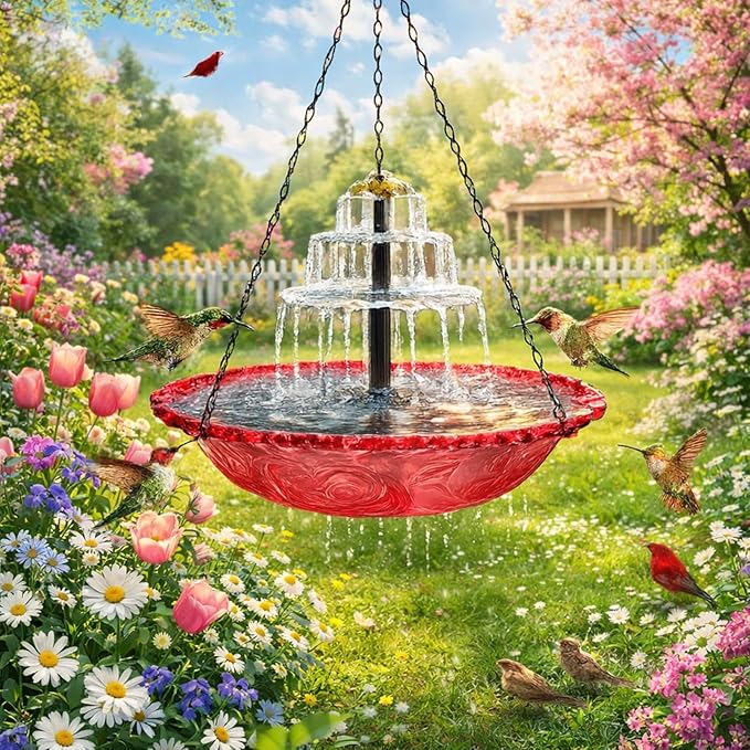 Solar Cascade Hanging Bird Bath Fountain,Outdoor Hanging Bird Bath Solar Fountain for Bird Bath, Solar Bath Fountain for Birds with Solar Pump and Decorative Bowl for Garden, Patio Gift (1PCS A)