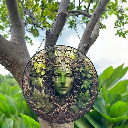 Christmas Green Women Stained Glass Suncatcher, 10" Tree Man Window Decor Hanging Stained Glass Sun Catcher Garden Room Hanging Tree Faces Decoration Indoor Outdoor Garden Decor Gift for Women