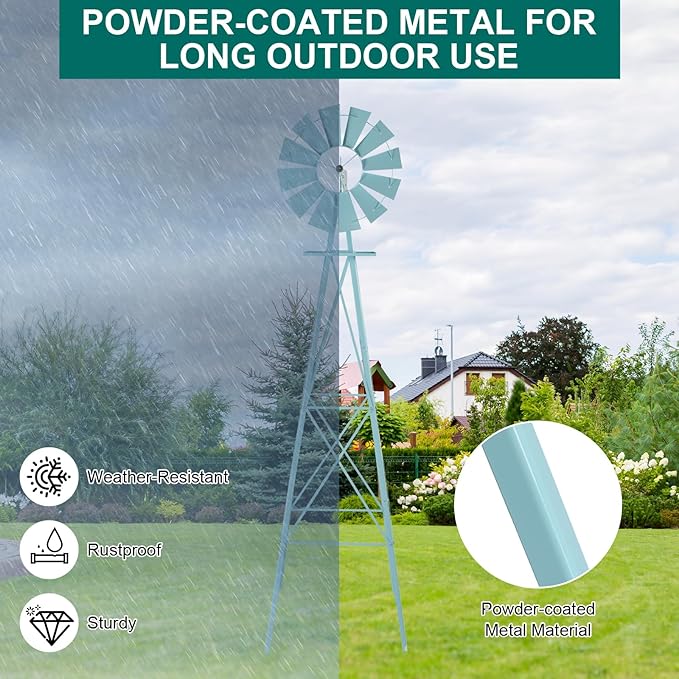 Metal Windmill for Garden Yard Decor, 8ft Tall Windmill Pinwheels Outdoor with Spinning Blades, Weather Vanes Lawn Ornaments, Weather-Resistant, Blue