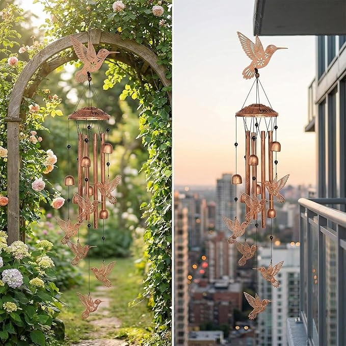 Outdoor Hummingbird Wind Chime, Black Metal Commemorative Gift of 7 Handmade Hummingbirds, Consolation Gift for Garden, Yard, Mother, Grandmother
