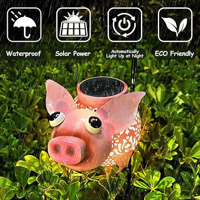 Teaeeno Solar Pig Lantern Lights,Outdoor Garden Pig Statue for Yard,Metal Animal Decor Outdoor,Garden Yard Lawn Backyard Ornament Decor,Home, Lawn, Patio, Resin Animal Ornament, Women/Gardening Gifts