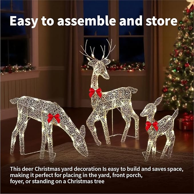 Pre-Lit Outdoor Christmas Deer Family Set, 2D Lighted Reindeer Decoration, 60 LED Warm White Lights, 3-Piece, Waterproof,Battery Powered for Indoor Outdoor Yard Display (A)