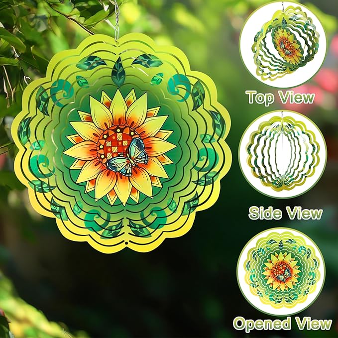 Wind Spinner Mandala 12 inch 3D Stainless Steel Laser Cut Metal Art Geometric Pattern Hanging Wind Spinner (Sunflower)