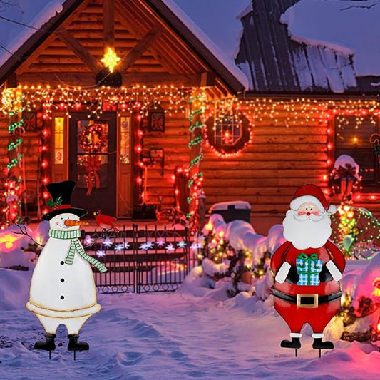 Hausse 2 Pack Christmas Garden Metal Stakes, 31.5 Inch Decorative Snowman and Santa Claus, Xmas Yard Signs for Outdoor Decorations, Holiday New Year Home Decor for Lawn Pathway Patio