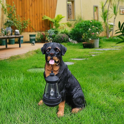 Outdoor rottweiler Dog Statue with Interchangeable Welcome sign and Detachable Solar Lantern –LED Light Garden Dog Sculpture Décor Garden Statue Outdoor dog statue Cute Puppy for Yard Porch Gift