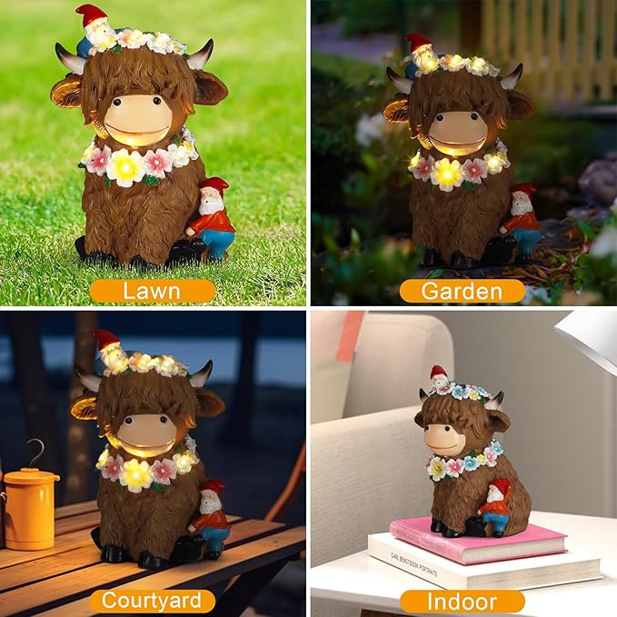 Solar Highland Cow Garden Decor 6.6” Outdoor Statue Resin with Flower Decoration Funny Two Christmas Gnomes Decor,Birthday Gifts for Women Mom Highland Cow Figurine for Yard Patio Lawn Ornaments