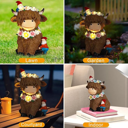 Solar Highland Cow Garden Decor 6.6” Outdoor Statue Resin with Flower Decoration Funny Two Christmas Gnomes Decor,Birthday Gifts for Women Mom Highland Cow Figurine for Yard Patio Lawn Ornaments