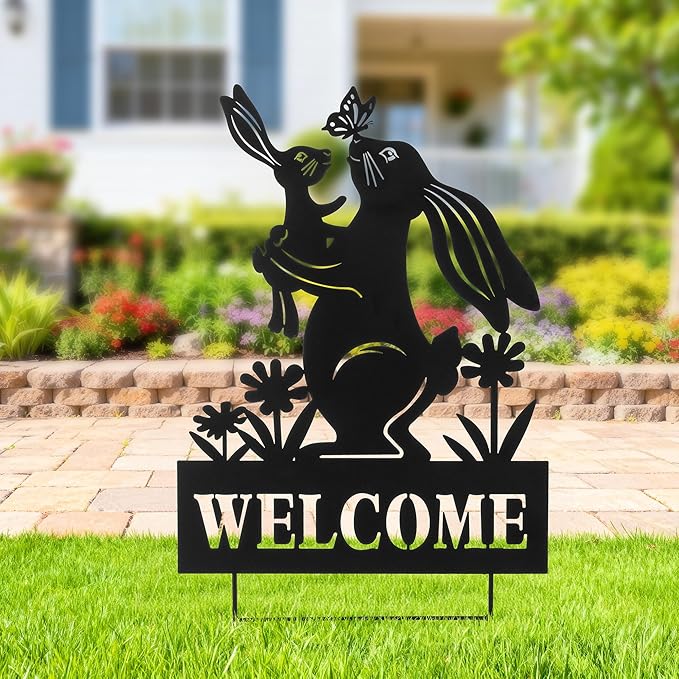 Glitzhome Easter Rabbit Decorative Garden Stakes, 30" H Black Metal Silhouette with Welcome Sign and Butterfly Cutout, Iron Yard Lawn Spring Decor or Wall Decor