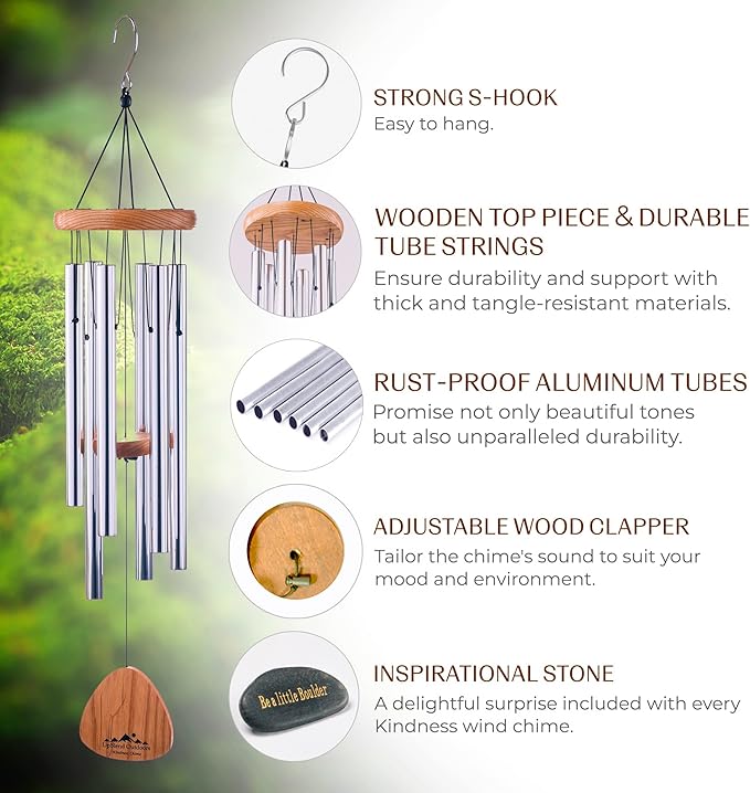 UpBlend XL Wind Chimes for Outside Gift – Deep Tone Wind Chime with Decorative Stone – Garden and Patio Décor for Porch or Yard, Elegant Outdoor Ornament, Meaningful Gift for Neighbors. 41” Silver.