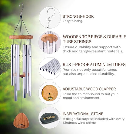 UpBlend XL Wind Chimes for Outside Gift – Deep Tone Wind Chime with Decorative Stone – Garden and Patio Décor for Porch or Yard, Elegant Outdoor Ornament, Meaningful Gift for Neighbors. 41” Silver.