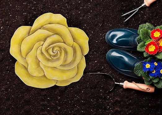 Magnolia Garden 12-Inch Sculpted Yellow Rose Decorative Stepping Stone – 3D Floral Resin Garden Walkway Tile – Vibrant Golden Flower Outdoor Accent