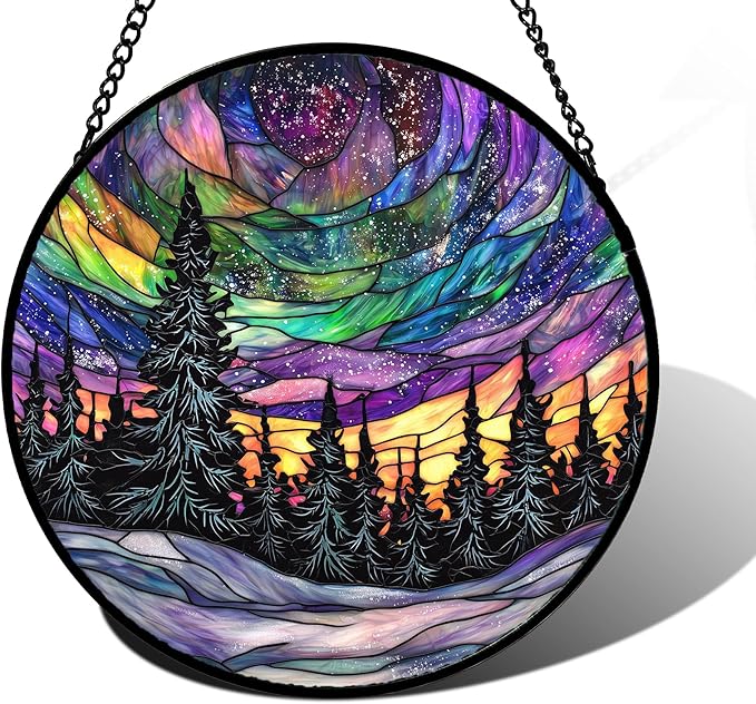 DASTOLL Stained Glass Window Hanging, Van Gogh Night Scene Sun Catchers Colorful Glass Panel Starry Sky Suncatcher Decor for Birthday for Women, Men, Wife, Aunt, and Mom 6.3 in