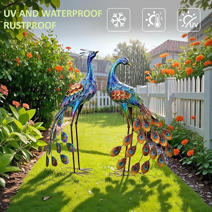 Kircust Peacock Garden Statue and Sculpture, Metal Peacocks Yard Art Lawn Decor, Large Birds Garden Sculptures & Statues for Patio Backyard Pond Home Decoration