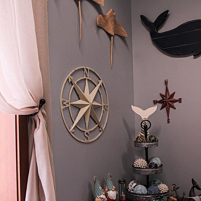 Nautical Compass Rose Wall Hanging Sculpture - Antiqued White Finish Metal Indoor Outdoor Ocean Decor - 20.5 Inch Diameter Elegant Maritime Home Accent Piece