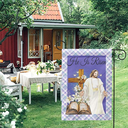 He is Risen Garden Flag Easter Cross Religious Yard Flags Lily Jesus Holy Bible Butterfly Burlap Double Sided House Banners Spring Lilies Christianity Church Garden Flags 12 x 18 Inch