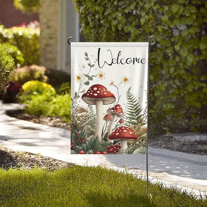 Mushrooms and Fern Garden Flags 12×18 Inch Welcome Double Sided Decorative Yard Banner Seasonal Flag for Outdoor Outside Decor