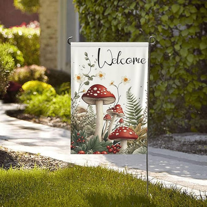 Mushrooms and Fern Garden Flags 12×18 Inch Welcome Double Sided Decorative Yard Banner Seasonal Flag for Outdoor Outside Decor