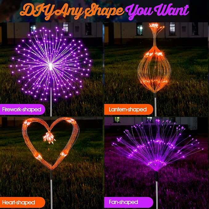 Tujoe 6 Pcs Easter Solar Firework Stake Lights 180 LED 8 Modes Solar Waterproof LED Sparkler Lights Outdoor Decoration for Christmas Holiday Garden Patio Yard Pathway Walkway, Orange, Purple