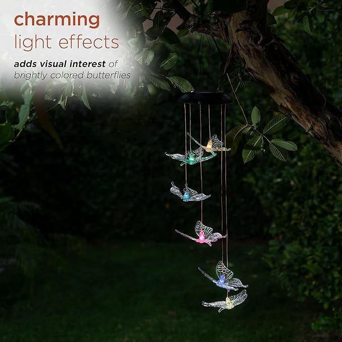 Alpine Corporation 27" Tall Outdoor Solar Powered Wind Mobile with Color Changing LED Butterfly Lights