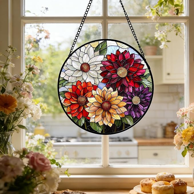 Stained Glass Window Hanging, Colorful Flowers Sun Catcher for Window Door Home Decor Plant Suncatcher Christmas Mother's Day Birthday Gifts for Women Men Mom and Nana 9.8 in