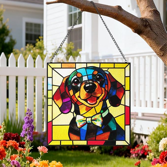 Hanging Stained Glass Dog Suncatcher for Window, Sun Catchers for Outdoor Decoration, Dachshund Garden Decor, Gifts for Women, Lovers, Couple, Friend, Bestie