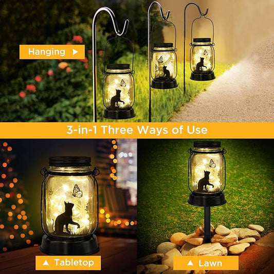 kyoryuger Cat Lover Gifts for Mom/Grandma/Women/Sister Cat Butterfly Solar Light Gifts Solar Lanterns Outdoor Waterproof Fairy Lights Led Mason Jar Hanging Cat Lamps Decor for Garden Yard Patio