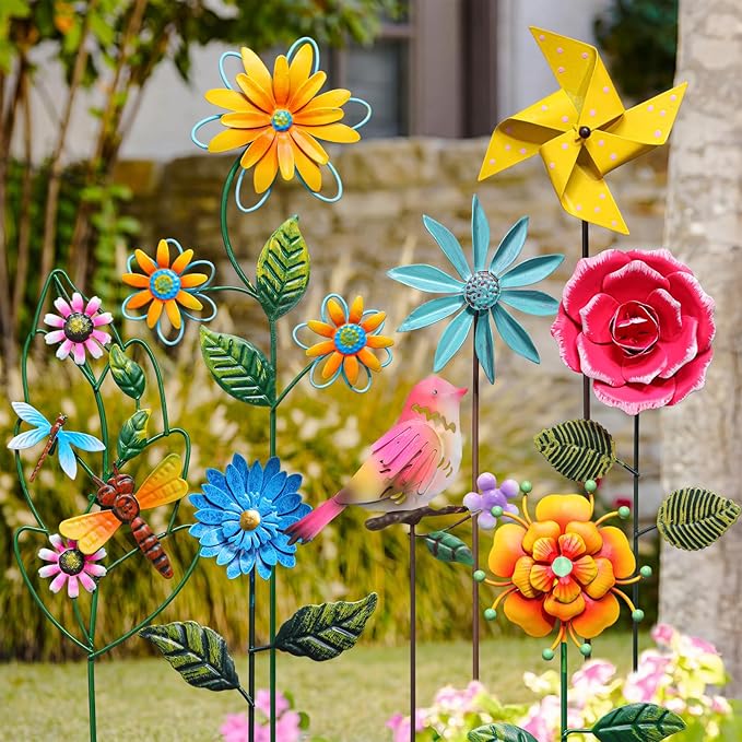 8 Pcs Metal Flower Garden Stakes for Outside Outdoor 14" Spring Wildflowers Metal Signs Waterproof Decorations Bird Dragonfly Windmill Landscape Ornament for Lawn Yard Garden Patio Porch Art