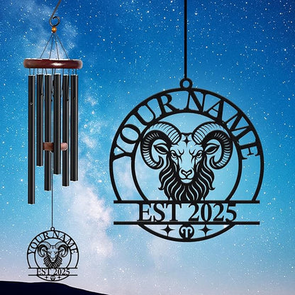 Personalized Customize Name 12 Zodiac Signs Wind Chime, Metal Iron 37 Inch Outdoor Memorial Gift for Garden Yard Patio Home Decor, Black (Aries)
