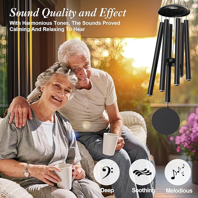 Big Black Wind Chimes for Outside Deep Tone, Personalized Metal WindChimes Tuned Melodic Music Sound Outdoors for Garden Patio Home with Rewritable Wind Catcher