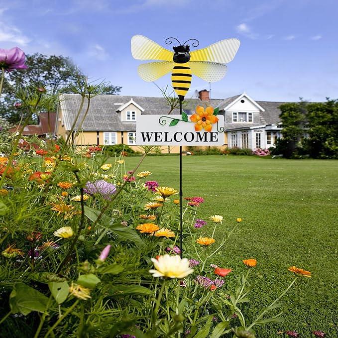 Garden Decor Metal Welcome Yard Stakes Spring Lawn Art Patio Decorative Plant Stake for Flower Pot Pathway Porch Backyard Indoor Outdoor Decoration (Bee)