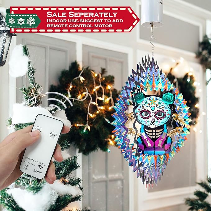 FONMY Sugar Skull Wind Spinner Cat 12inch 3D Stainless Steel Wind Sculpture Worth Gift Christmas Decor.Hanging Mandala Kitten Skull Wind Spinners Metal Yard Art Garden Decoration Indoor/Outdoor Décor