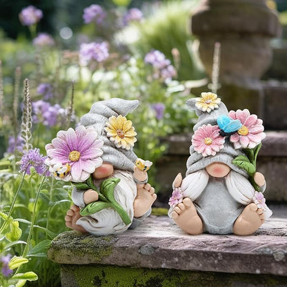 Hodao Set of 2 Spring Gnome Decorations Flower Gnomes Ornaments Decor Summer Outdoor Figurines Spring Elves for Porch, Garden Yard, Flower Bed Garden Gifts for Women, Mom