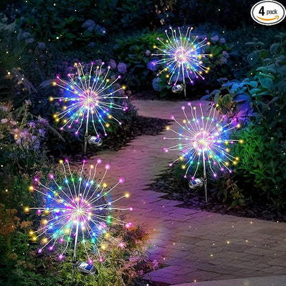4 Pack Solar Firework Lights Outdoor, Adjustable 32" to 51" Extra Tall, Verified 200 LED Multicolor Stainless Steel 3-Section Pole, 8 Modes Waterproof Starburst Garden Lights for Yard Pathway