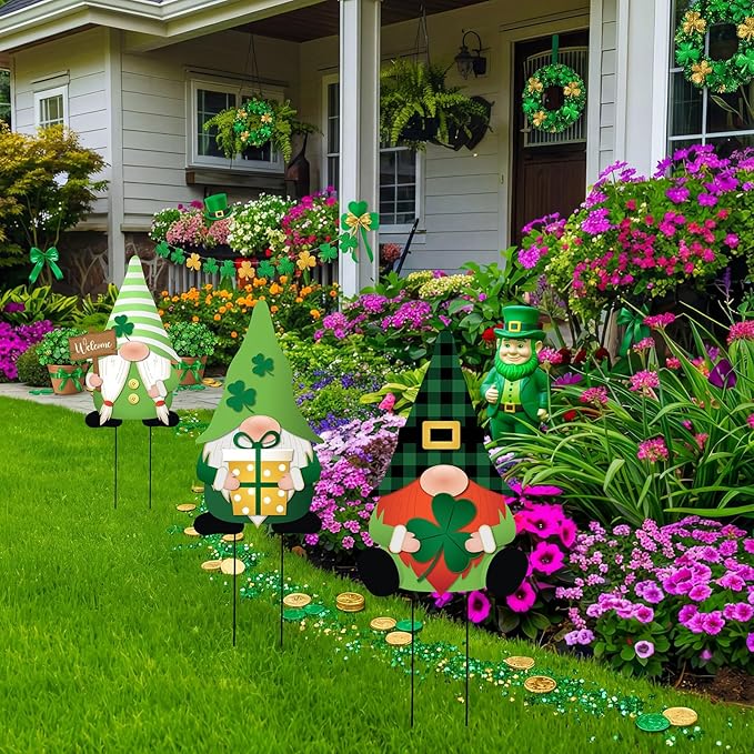 LEIFIDE 3 Pcs St. Patrick's Day Garden Decor for Outside, Metal Green Gnome Stakes, Saint Patricks Day Decorative Welcome Signs Stakes with Shamrocks for Outside Outdoor Irish Yard Lawn Backyard Porch