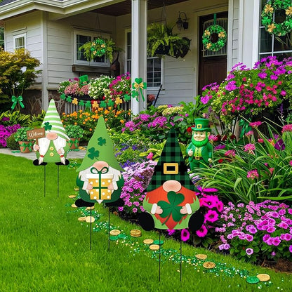 LEIFIDE 3 Pcs St. Patrick's Day Garden Decor for Outside, Metal Green Gnome Stakes, Saint Patricks Day Decorative Welcome Signs Stakes with Shamrocks for Outside Outdoor Irish Yard Lawn Backyard Porch
