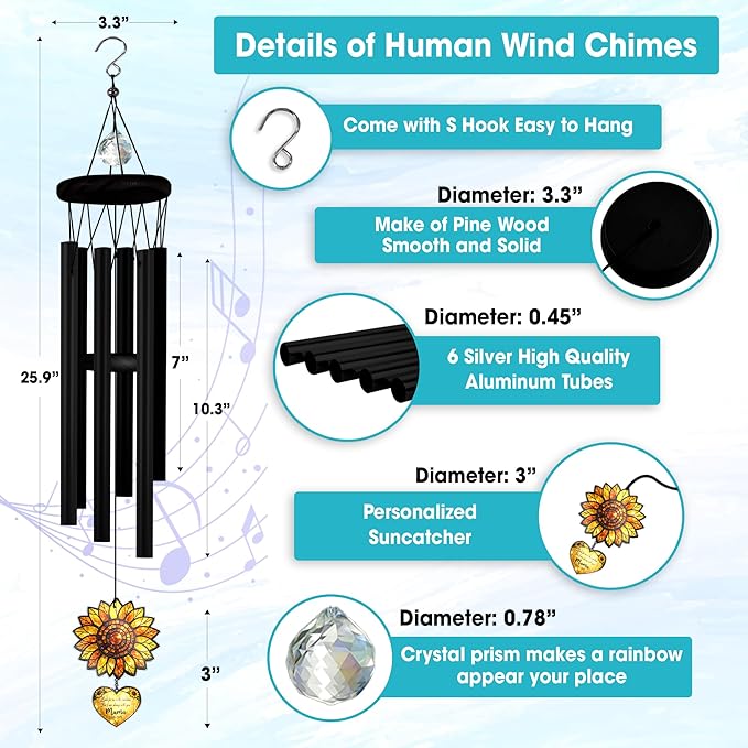 Personalized Memorial Sunflower Wind Chimes for Outside, Custom Crystal Memory Suncatcher Ornament, Sympathy Gift for Loss of Mother Father, in Loving Memory Windchimes, Mother's Day Garden Décor