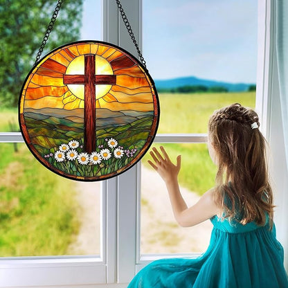 Christian Gifts for Women - Cross Stained Glass Window Hanging Easter Daisy Natural Landscape Sun Catcher Garden Religion Decor Mother's Day Catholic Gift for Men Grandma Mom Her Nana 11.8"
