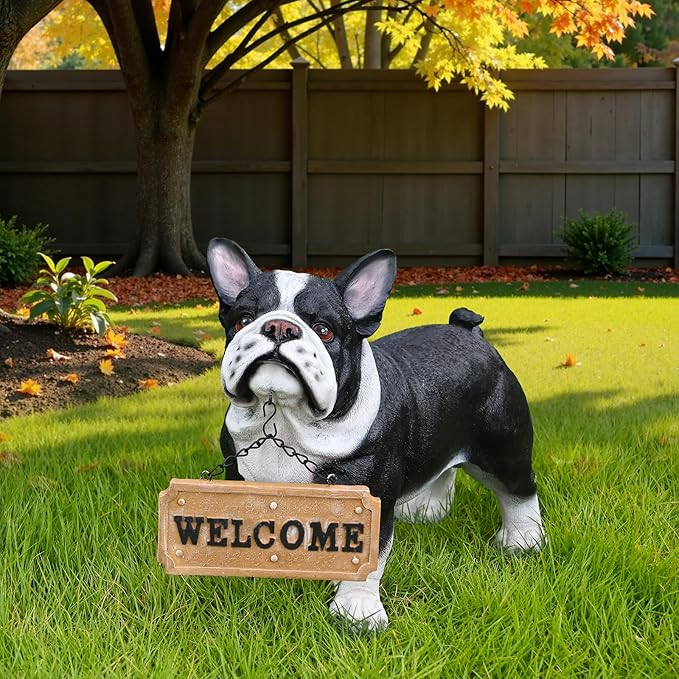 Playful Standing French Bulldog Sculpture with Solar Lantern & Double-Sided 'On Patrol' and 'Welcome' Signposts – Whimsical Resin Statue for Garden, Yard, and Patio