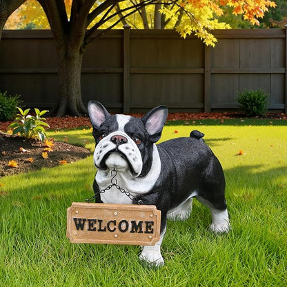 Playful Standing French Bulldog Sculpture with Solar Lantern & Double-Sided 'On Patrol' and 'Welcome' Signposts – Whimsical Resin Statue for Garden, Yard, and Patio