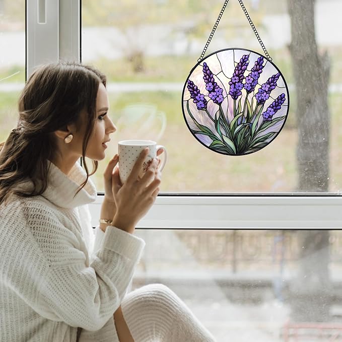 Lavender Flower Stained Glass Window Hanging Suncatchers, Purple Lavender Sun Catchers Indoor Window Glass Wall Art Decor, Floral Botanical Wall Hanging Decorations Sculptures, 7.9x7.9in